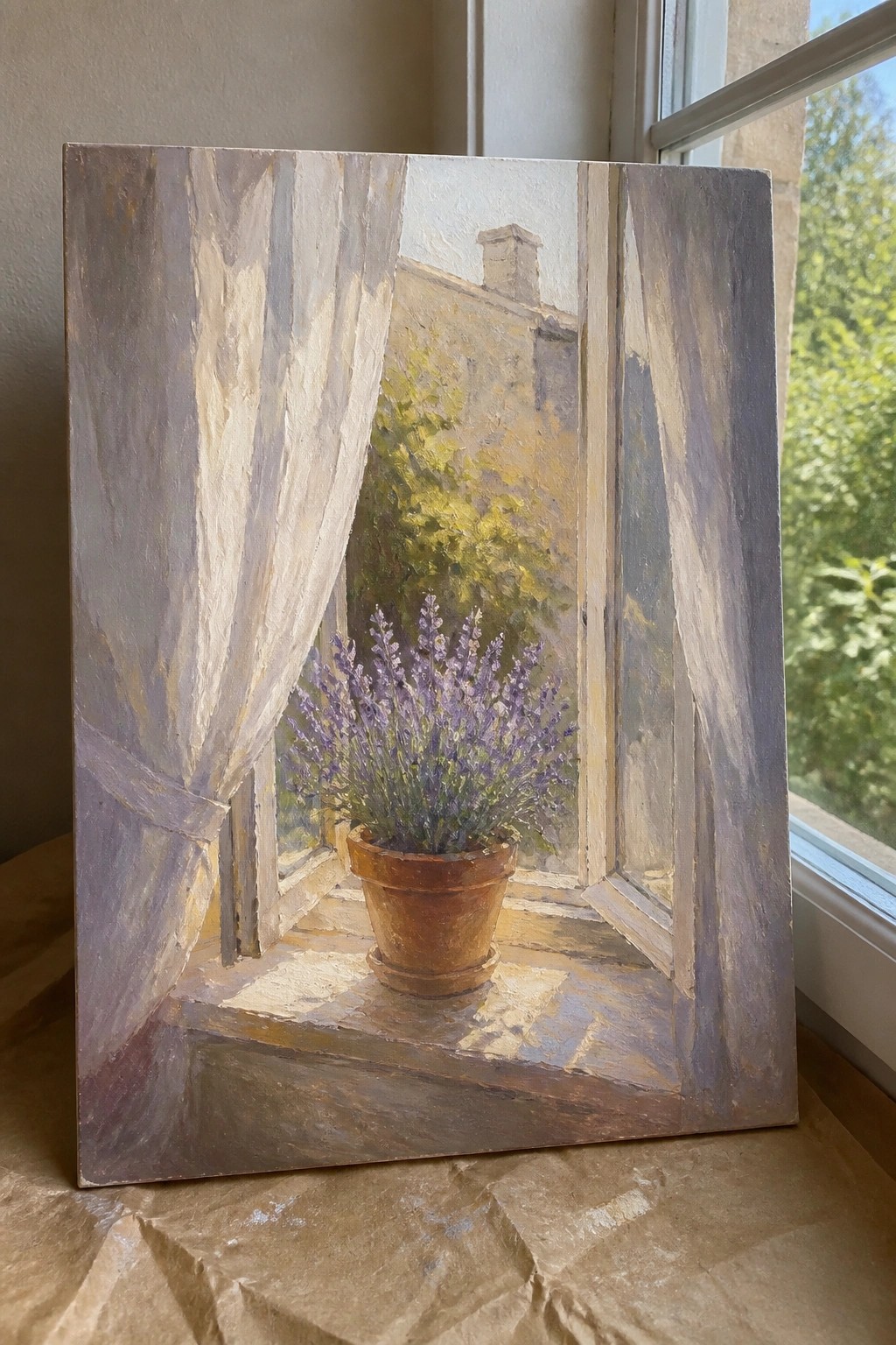 Potted lavender on sunlit windowsill with open window and tied-back curtains