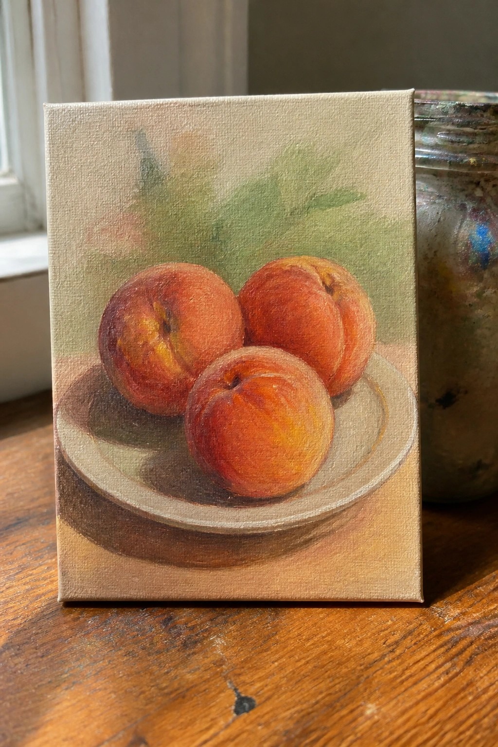 Three ripe peaches on a plate in realistic oil painting on wood