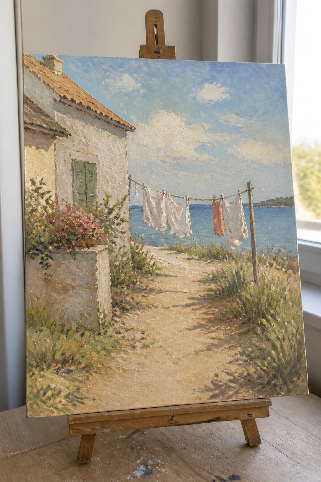 Impressionist painting on easel shows white house, laundry line by blue sea.