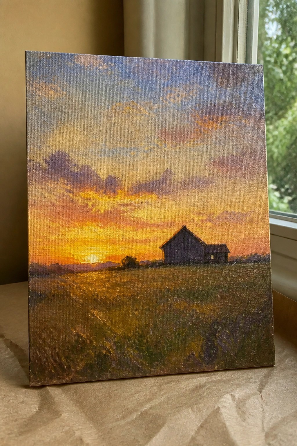 An oil painting shows a sunset over a grassy field with a dark barn on the right side and colorful clouds above.