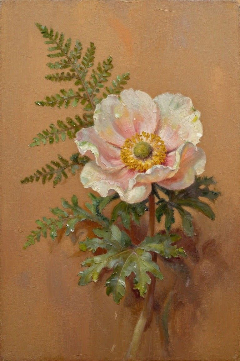 Pink and white anemone with yellow center, green leaves on brown background