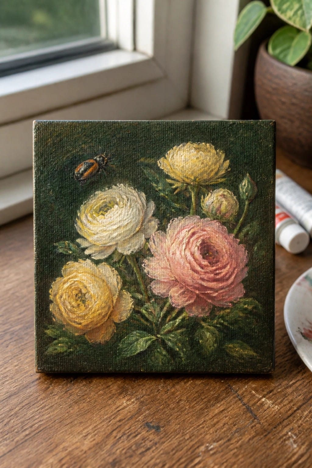 Oil painting of pink, yellow, and white flowers with beetle on dark green canvas