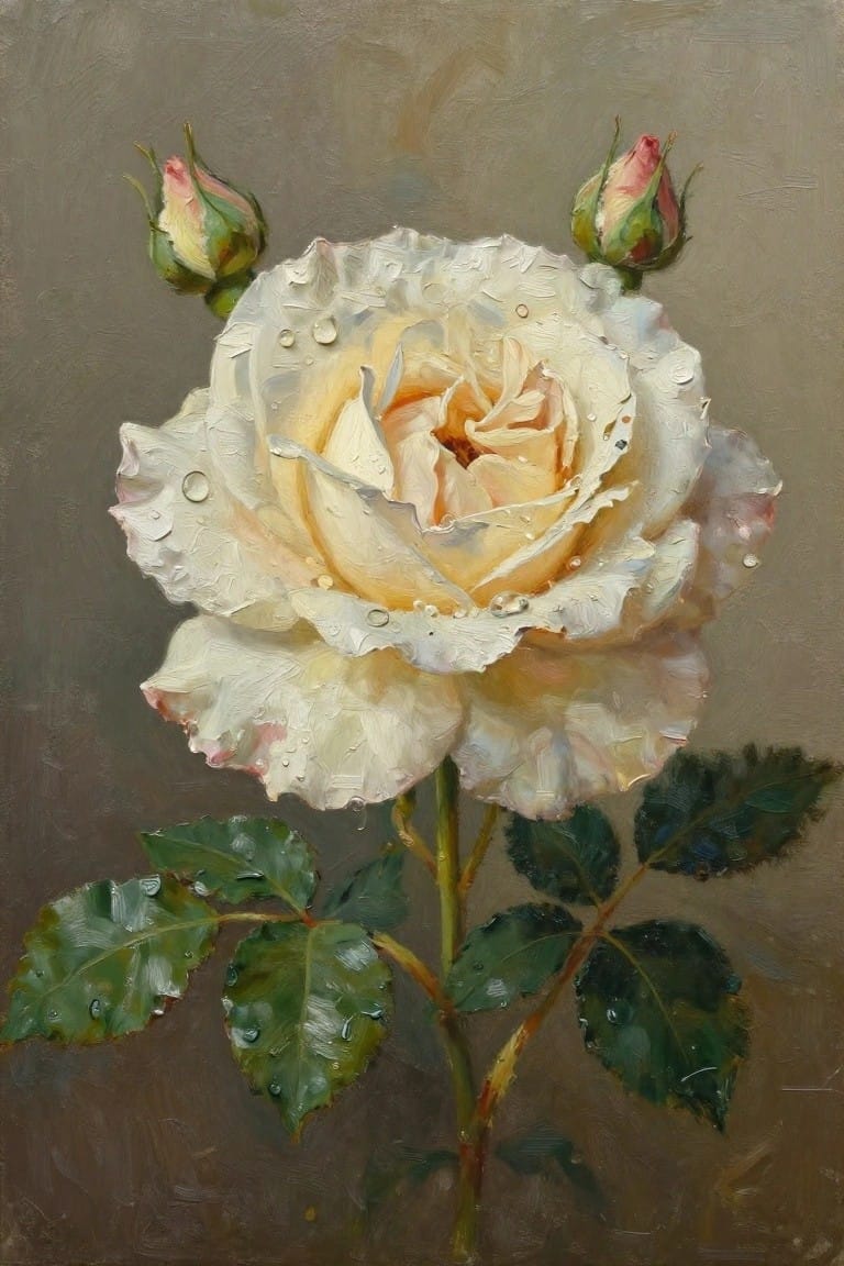 A realistic oil painting of a large cream rose covered in water droplets, with two buds and green leaves against a muted gray-brown background.