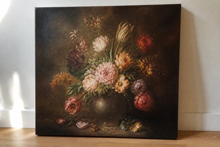 Dark still life painting of colorful tulips and roses in brown vase