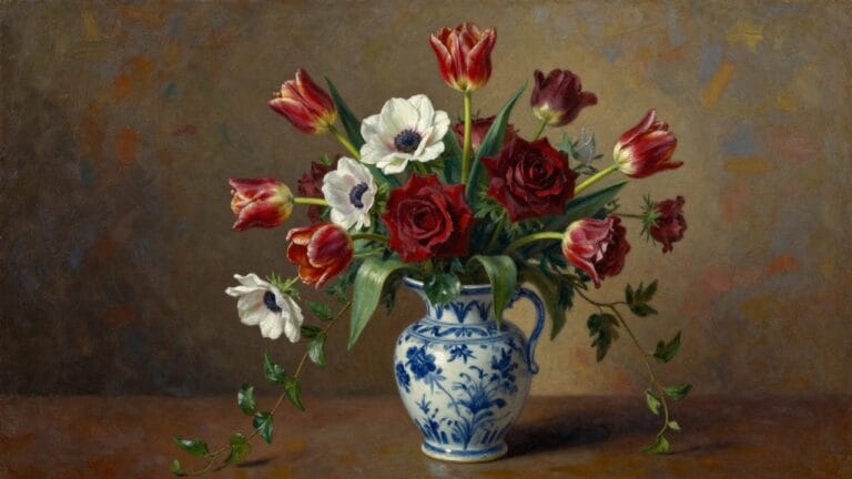 Red tulips, roses, and white anemones in a blue-and-white ceramic vase.