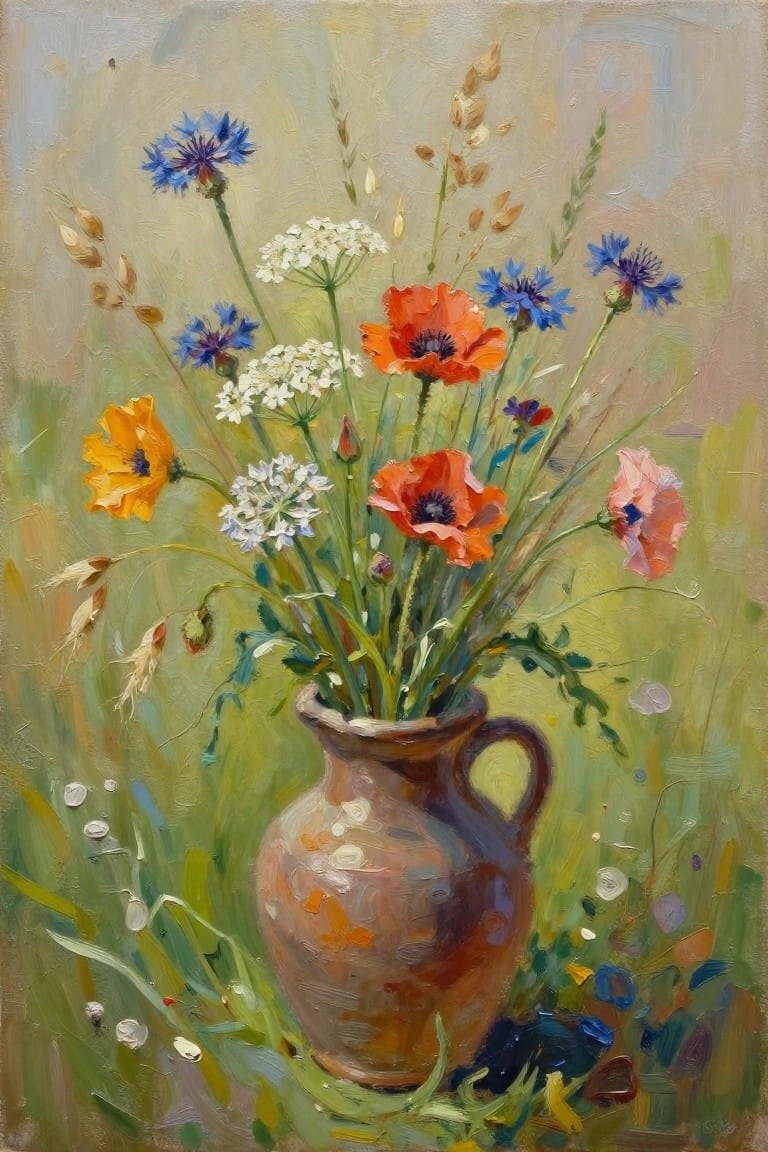 Rustic brown vase with red poppies, blue cornflowers, and wildflowers in a meadow.