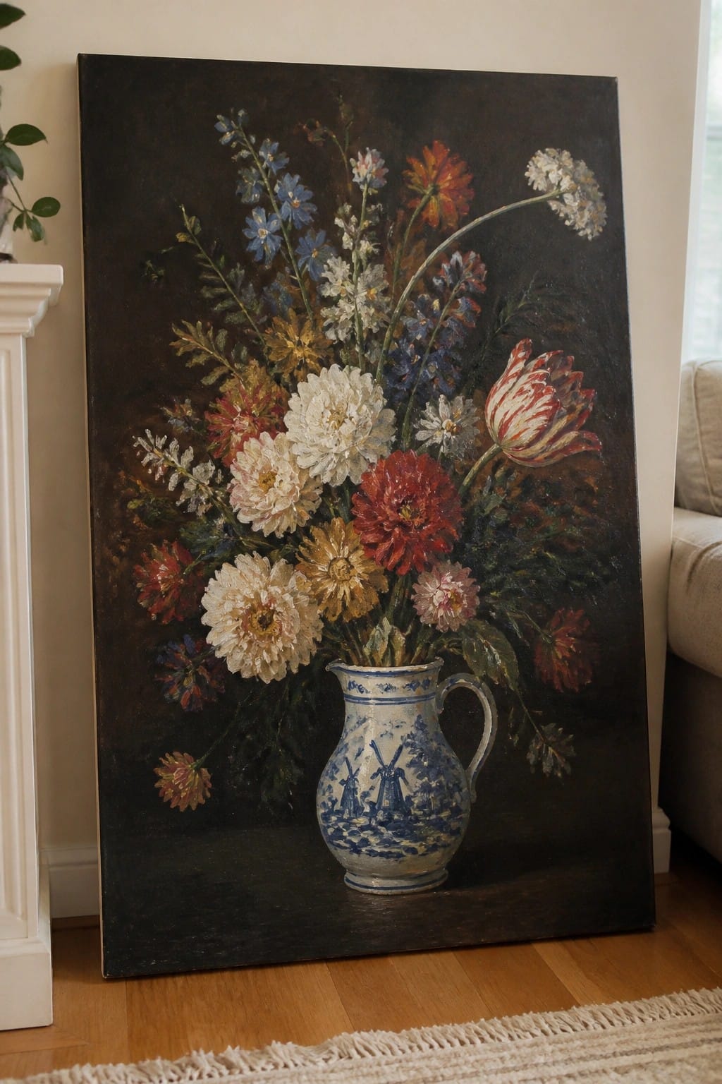 Large colorful flower bouquet in blue-and-white windmill pitcher painting on wooden floor