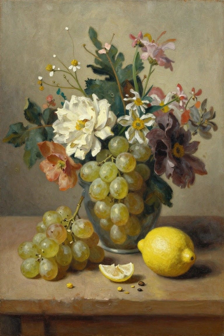 Oil painting of a glass vase holding white, pink, and dark flowers next to bunches of grapes and a whole lemon with a cut half on a wooden table.