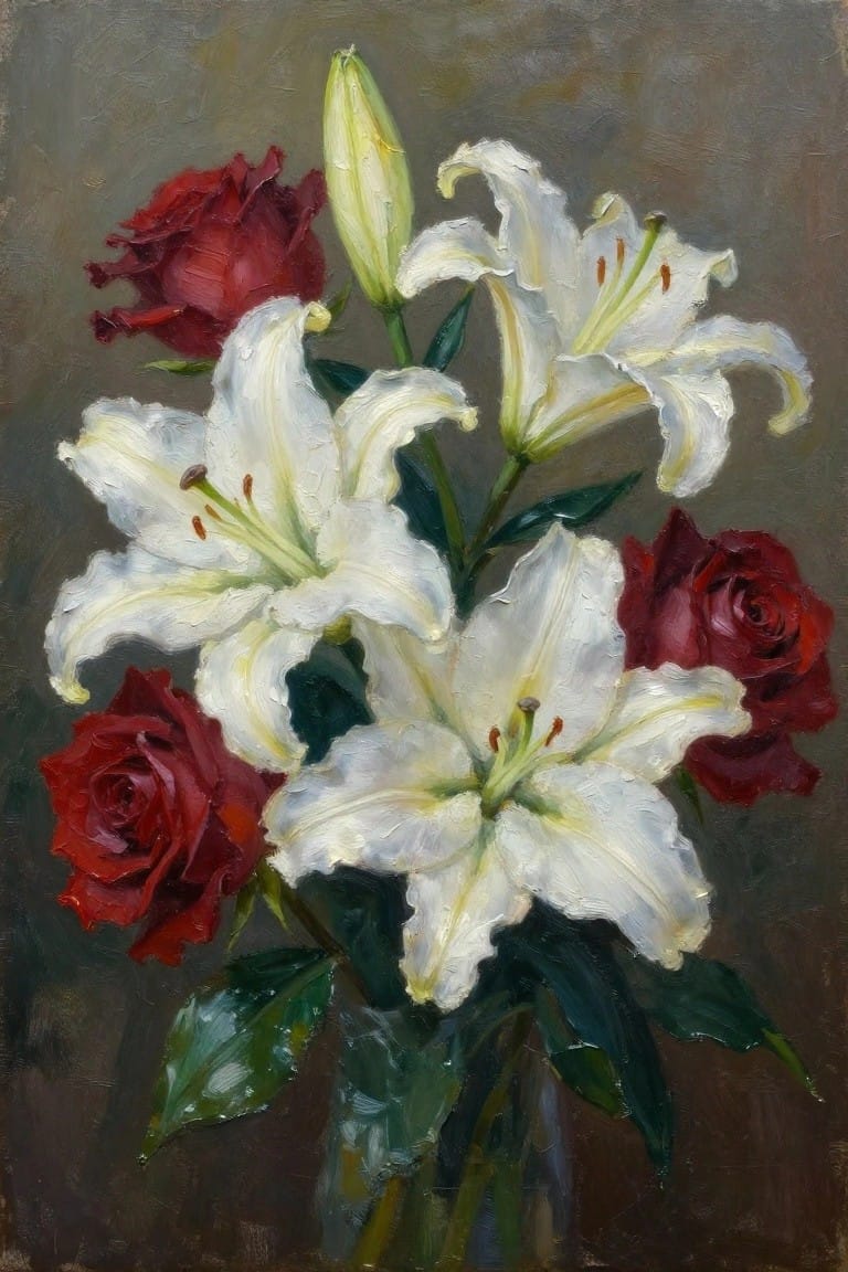 White lilies and red roses in glass vase, thick oil brushstrokes