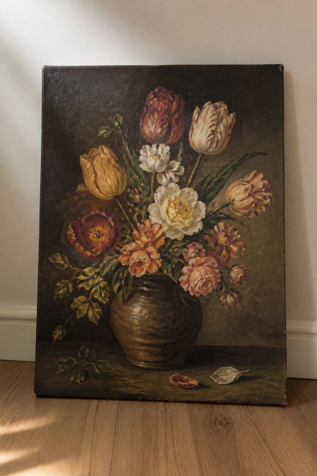 Dark still life painting of colorful tulips and roses in brown vase