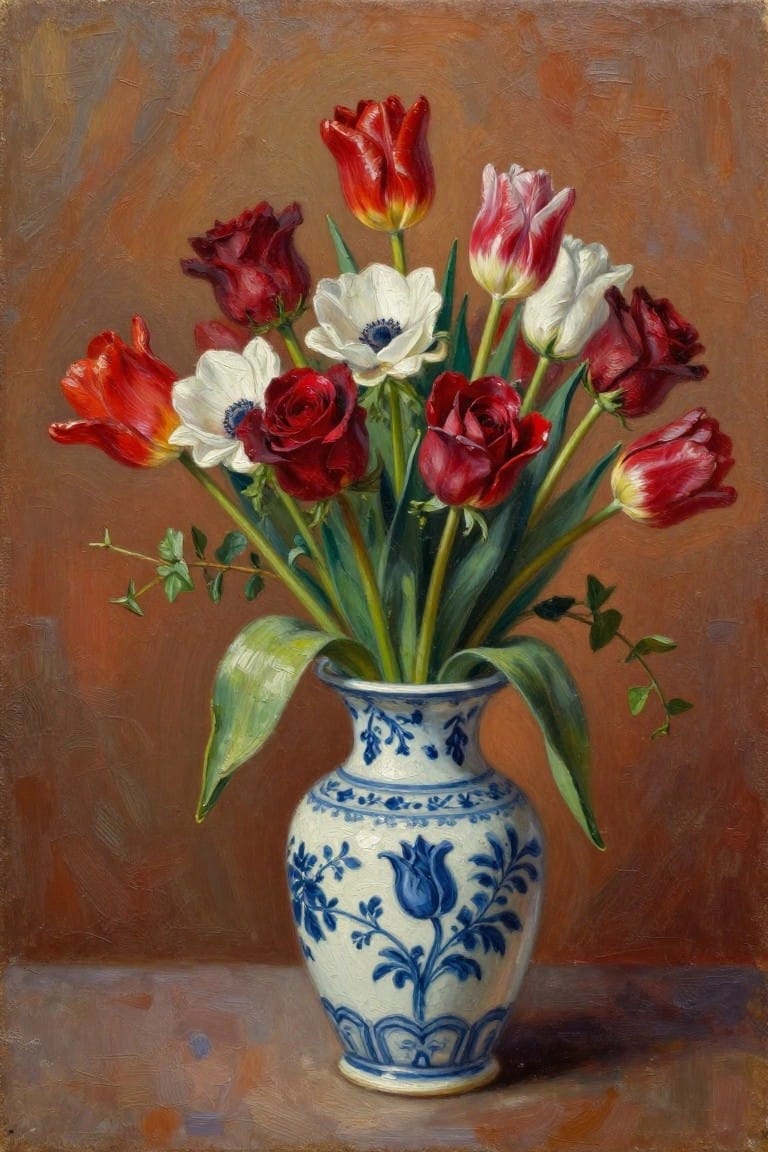 Red tulips, roses, and white anemones in a blue-and-white ceramic vase.