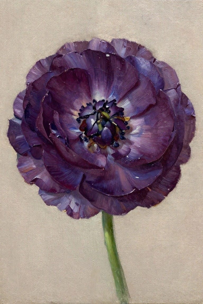 Deep purple flower with layered ruffled petals and green stem on beige background