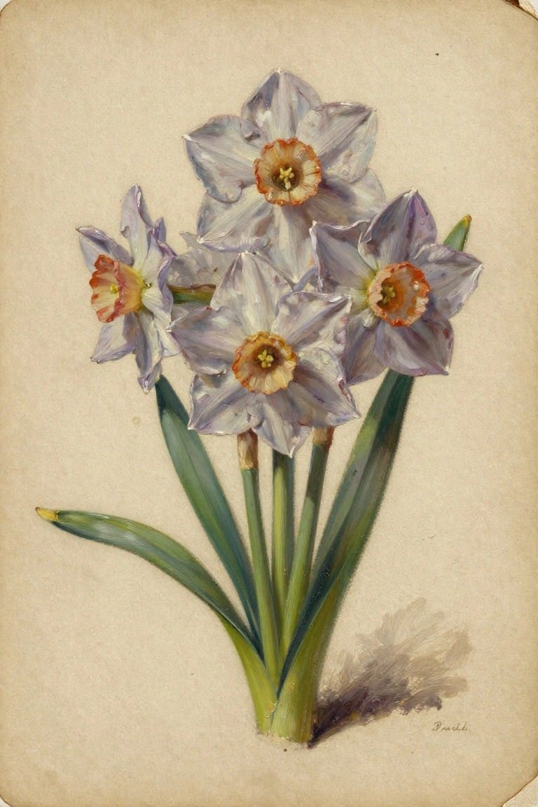 Watercolor of daffodils with white petals, orange centers, and green stems.