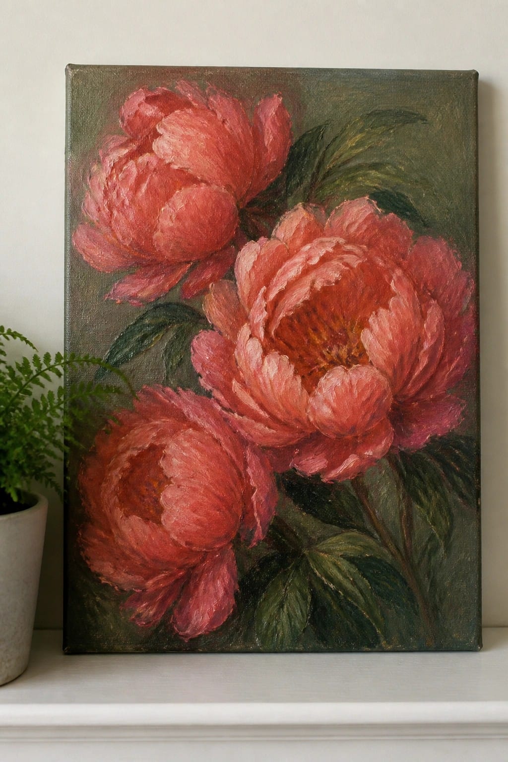 Oil painting of three vibrant red peonies with green leaves on canvas.