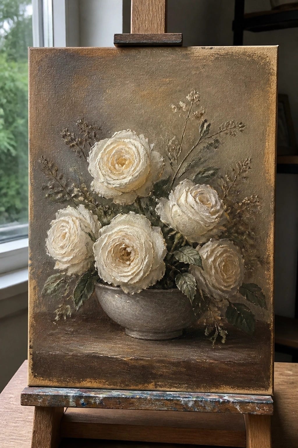 Still life painting of white roses in bowl on wooden easel
