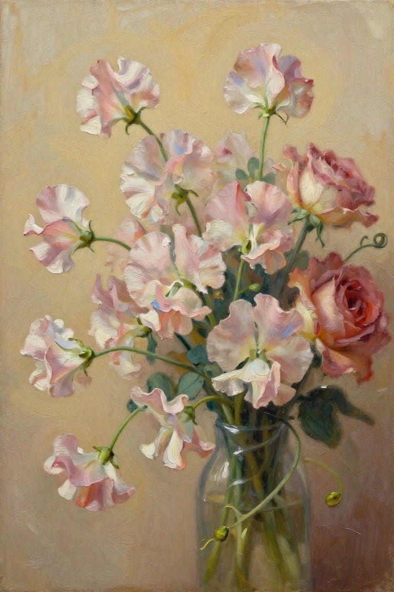 Pink sweet peas and roses in clear glass vase, soft painting style