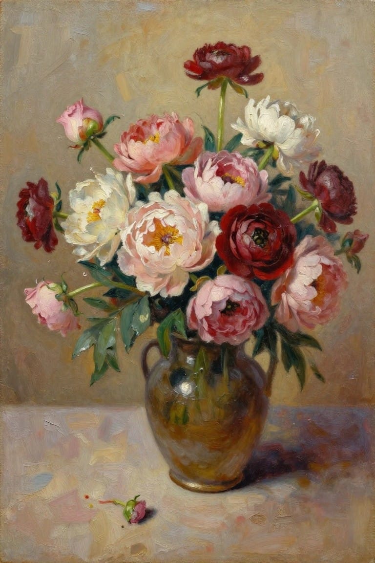 Vibrant pink, red, and white peonies in a rustic brown vase on a table.