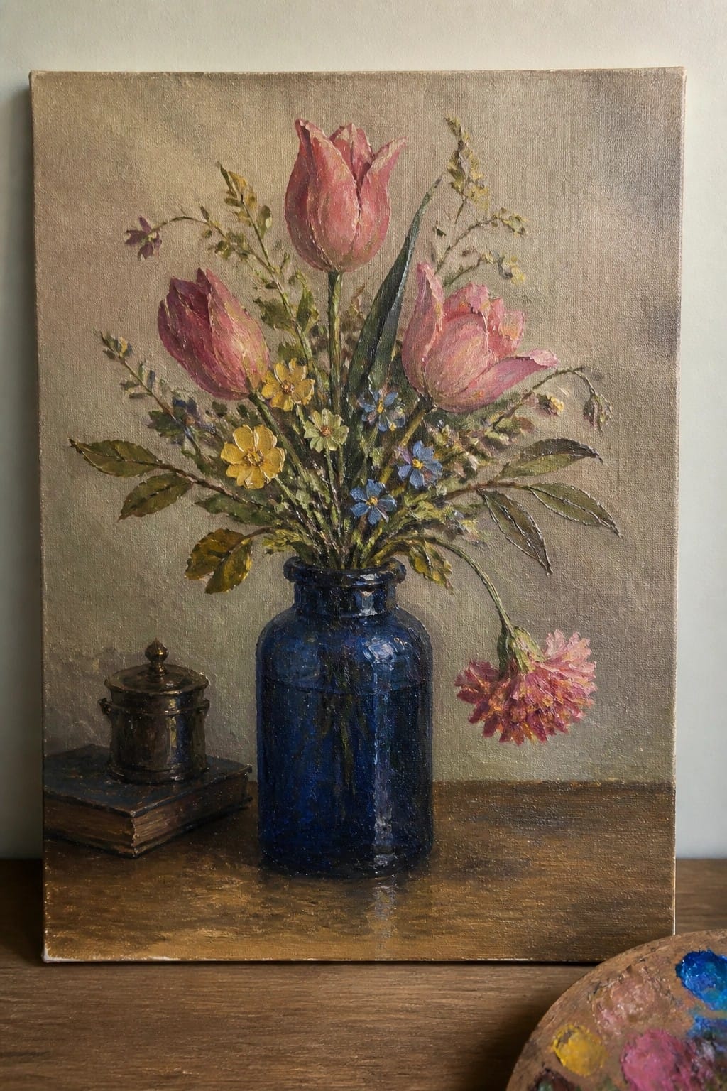 Oil painting of pink tulips and wildflowers in a blue vase on a wooden table with a small jar on a book to the left.