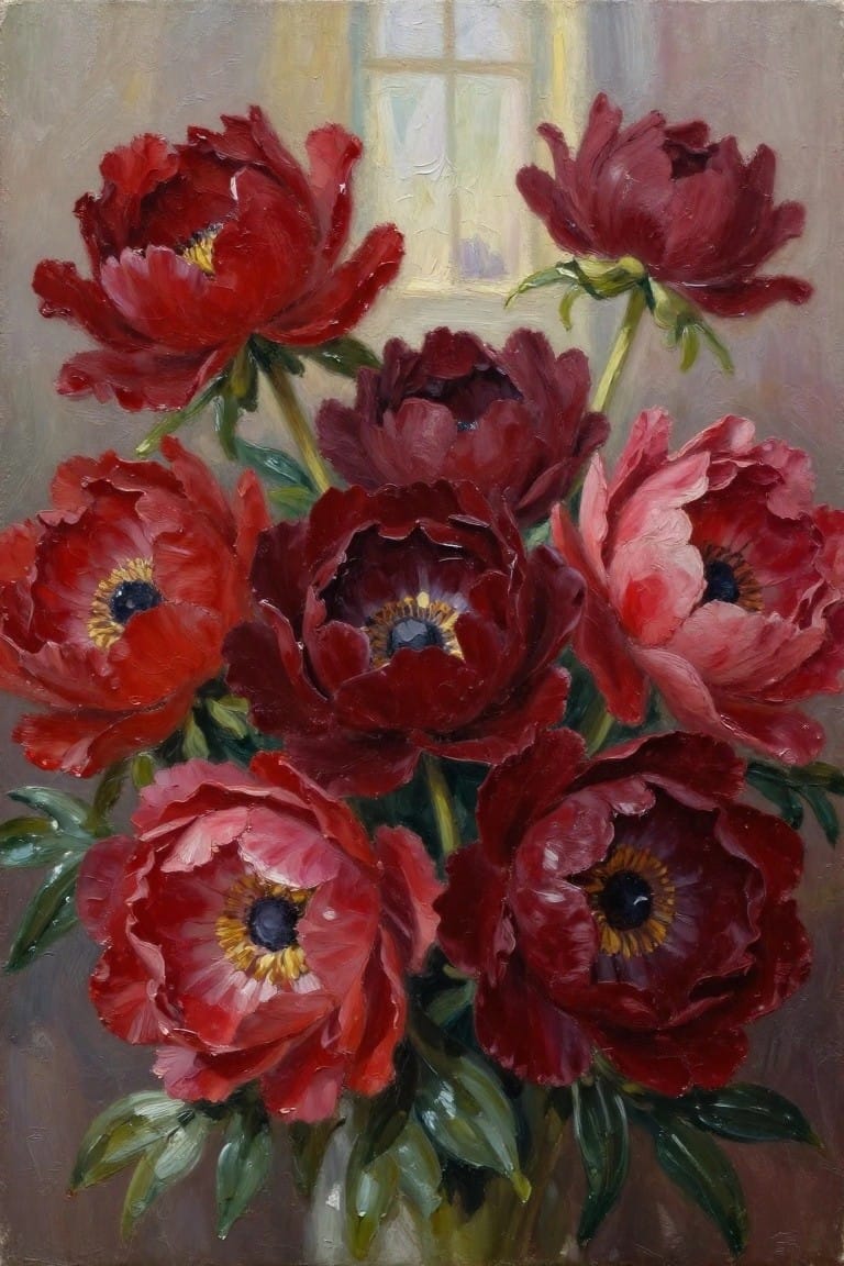 Red peonies in a vase with a window in the soft background.