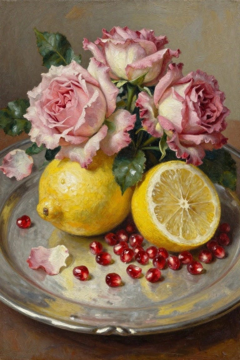 An oil painting of pink roses, a whole lemon, a halved lemon, and pomegranate seeds arranged on a metal tray.
