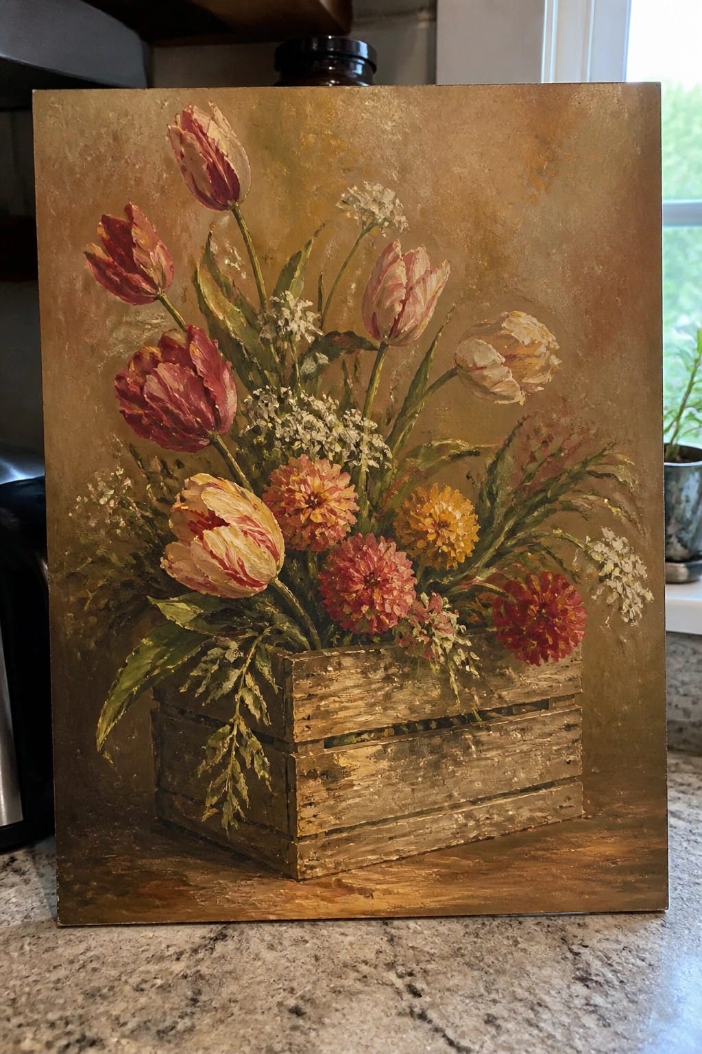 Colorful tulips and zinnias in a rustic wooden crate against a textured gold background.