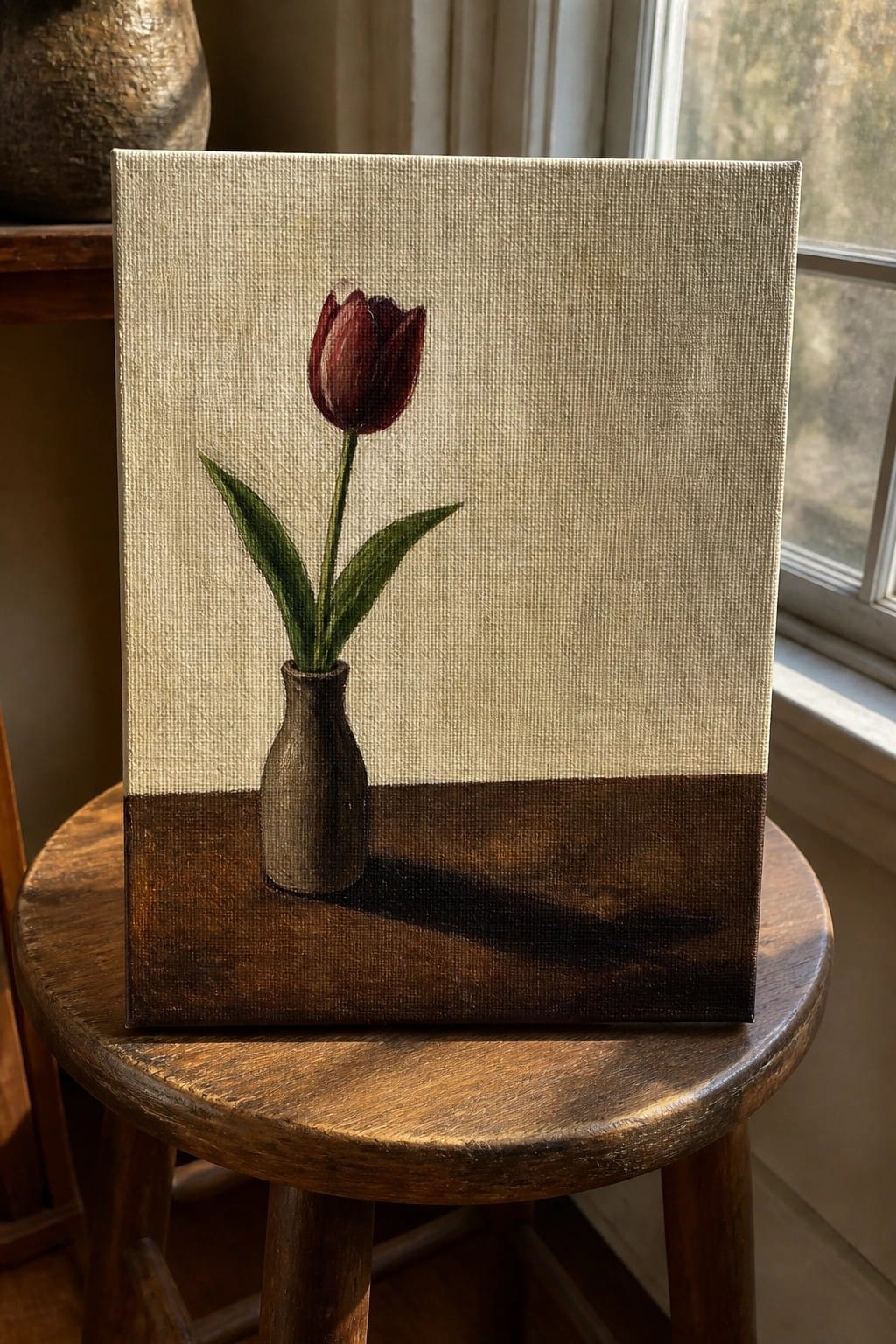 Dark red tulip in gray vase painted on canvas atop wooden stool