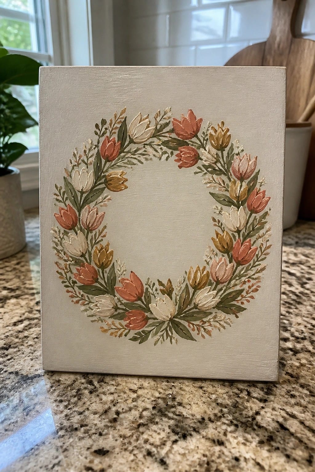 Painted floral wreath with terracotta tulips and foliage on beige canvas.