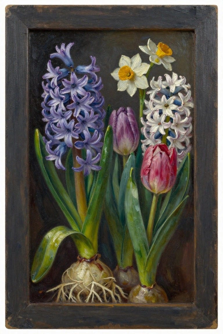 Framed painting of purple hyacinths, daffodils, pink tulips with visible bulbs and roots.