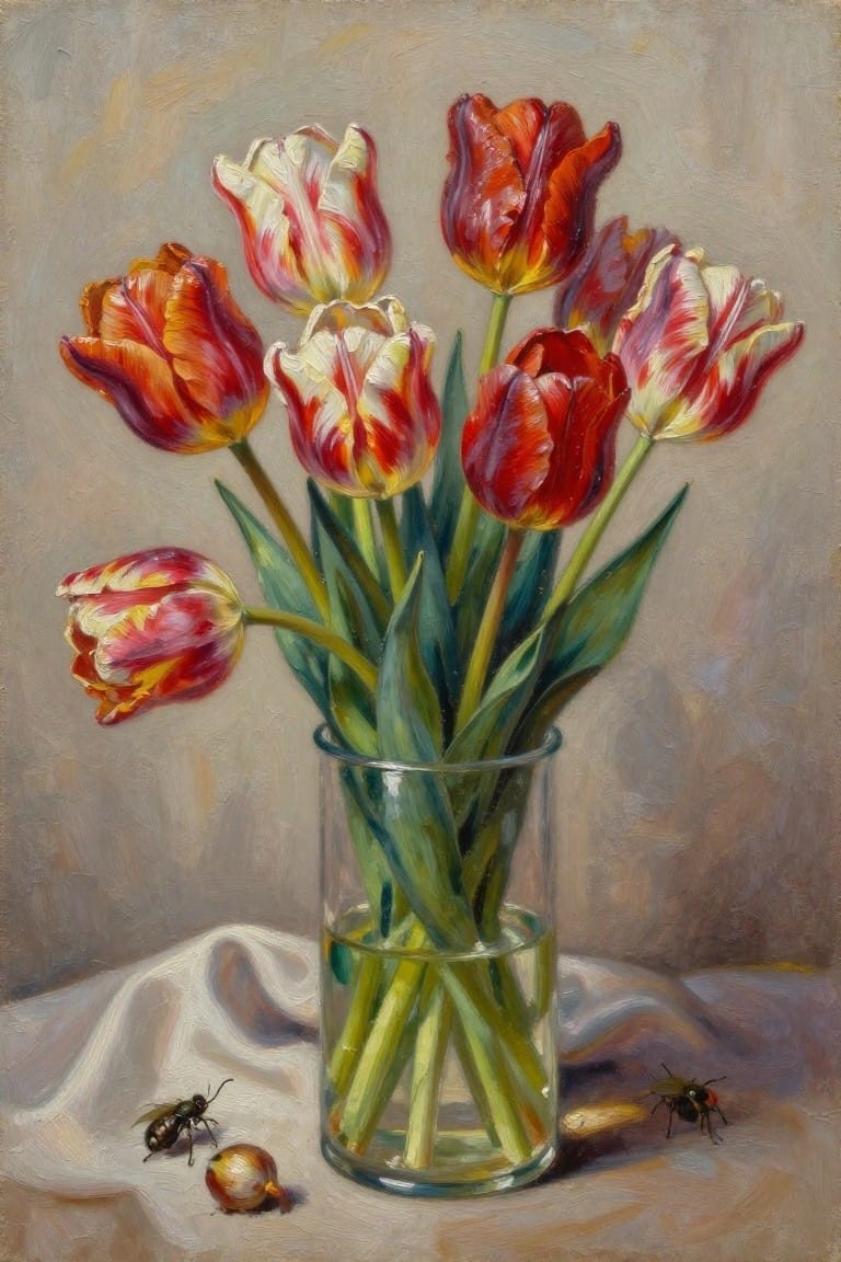 Still life of red-white tulips in glass vase with bees and bulb on cloth