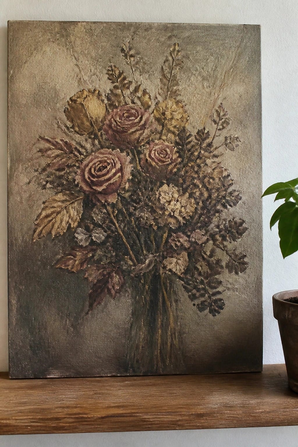 Canvas painting of a wilted rose bouquet in muted brown and gold tones