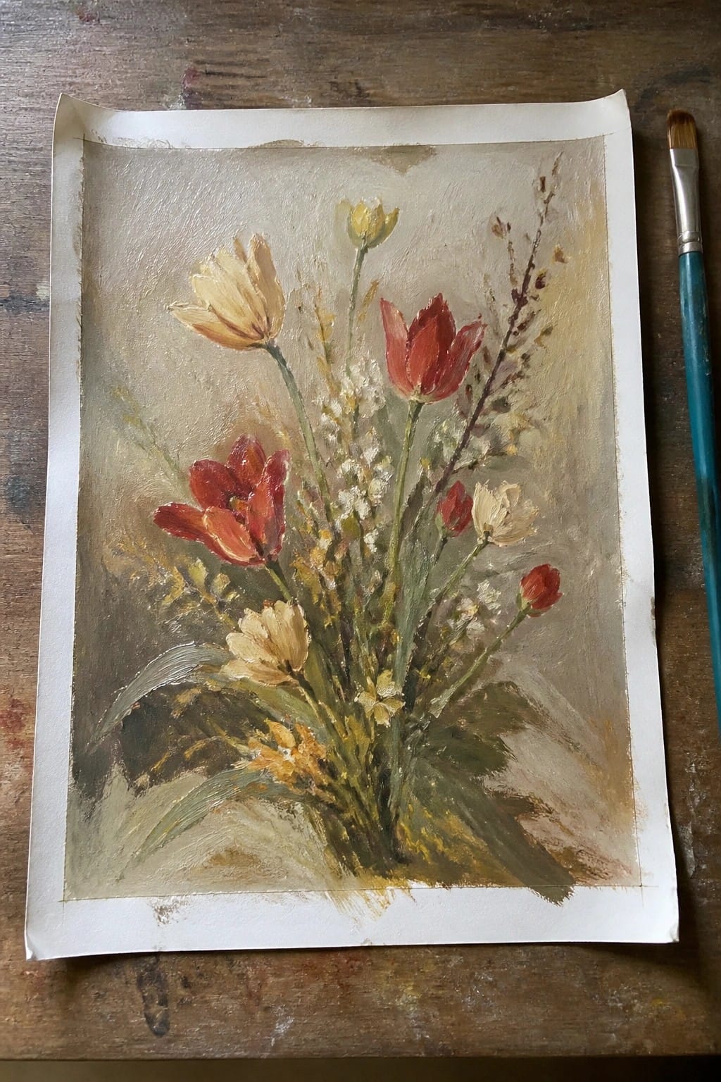 Red tulips and wildflowers painted on paper over wood beside teal paintbrush