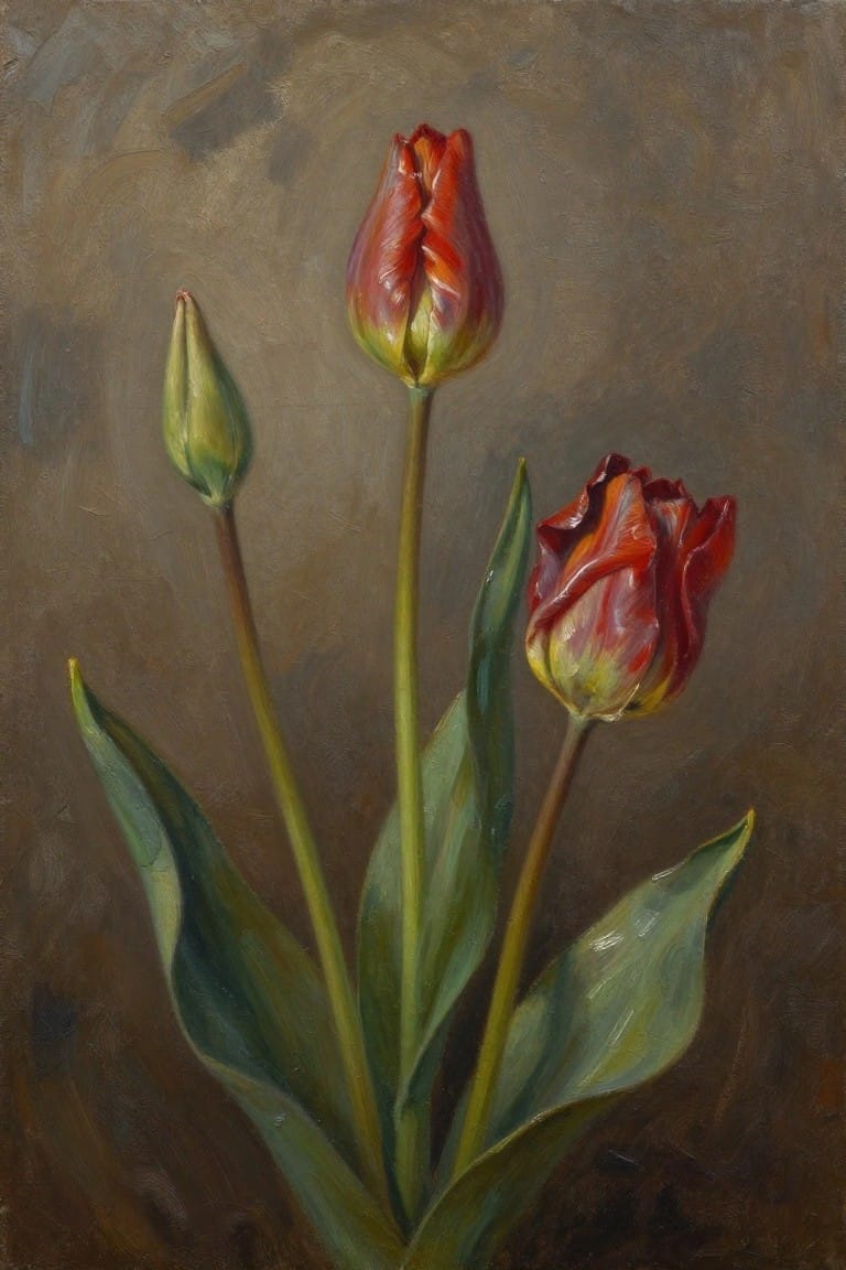Oil painting of three red and yellow tulips with green leaves against a dark brown background, showing one closed bud and two open flowers.