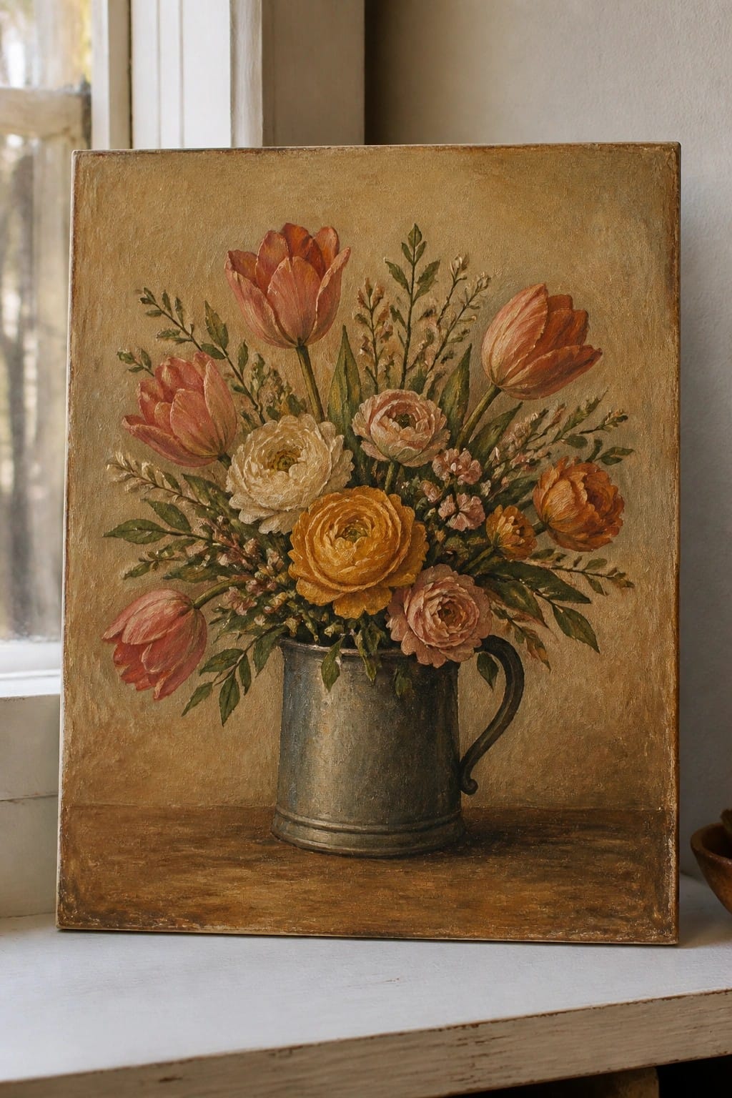 Oil painting of pink tulips and yellow roses in a metal pitcher on wood.