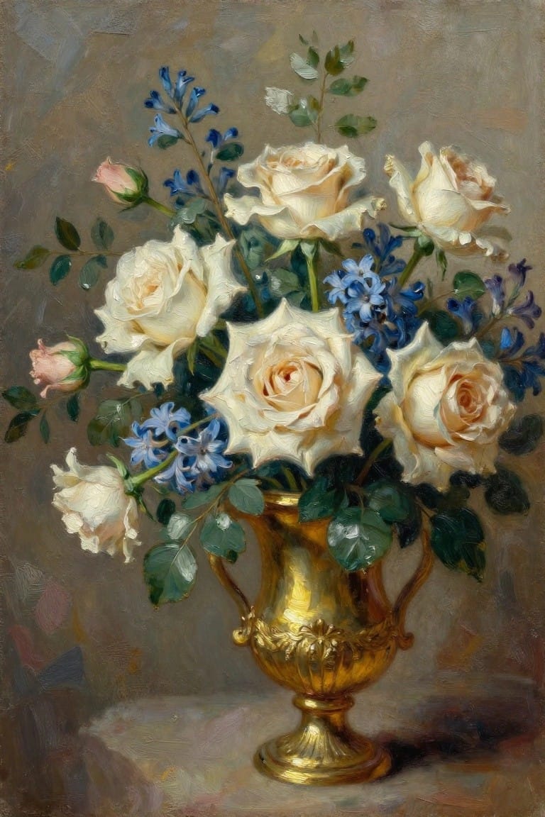 White roses and blue flowers in an ornate golden vase.