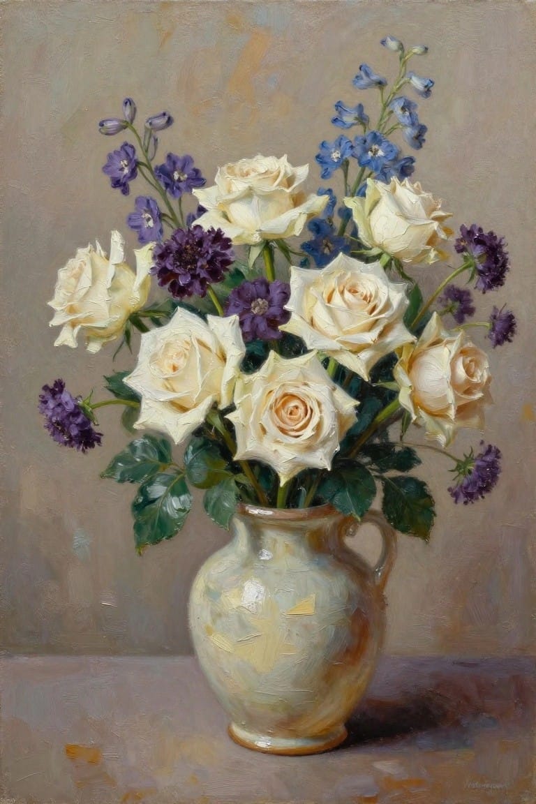 Oil painting of white roses with blue and purple flowers in a ceramic vase