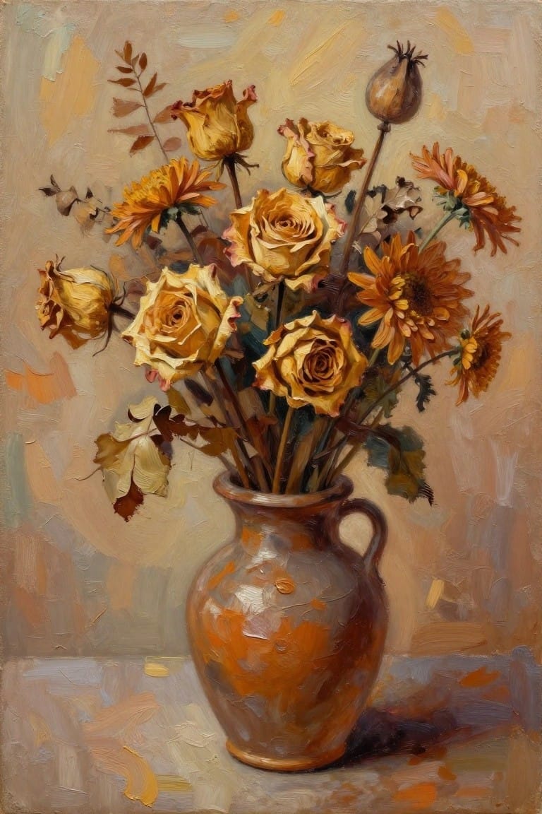 Yellow roses and orange chrysanthemums in a rustic brown ceramic vase