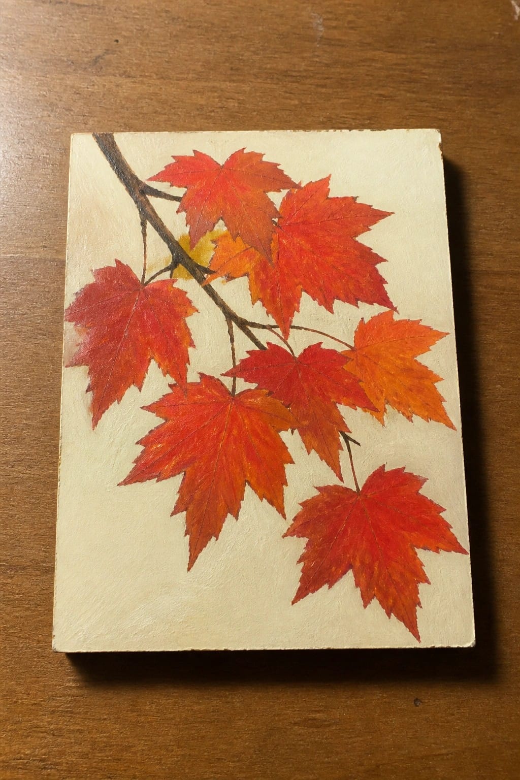Vibrant red and orange maple leaves on branch against light canvas on wood
