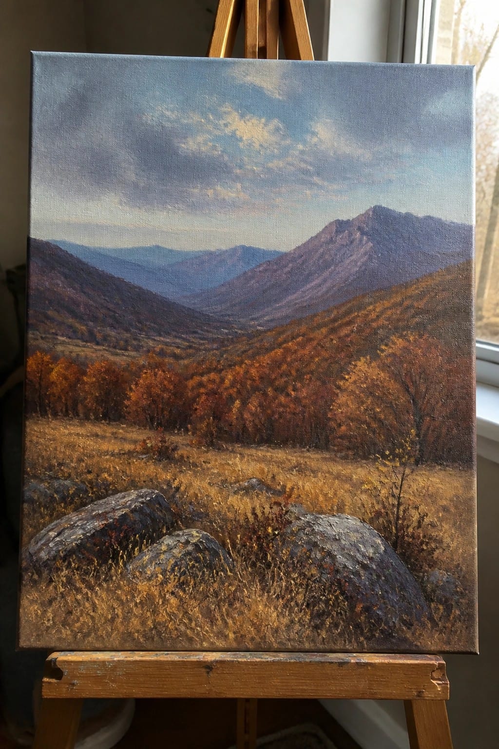 Autumn mountain landscape painting with orange trees, valley, and boulders on wooden easel