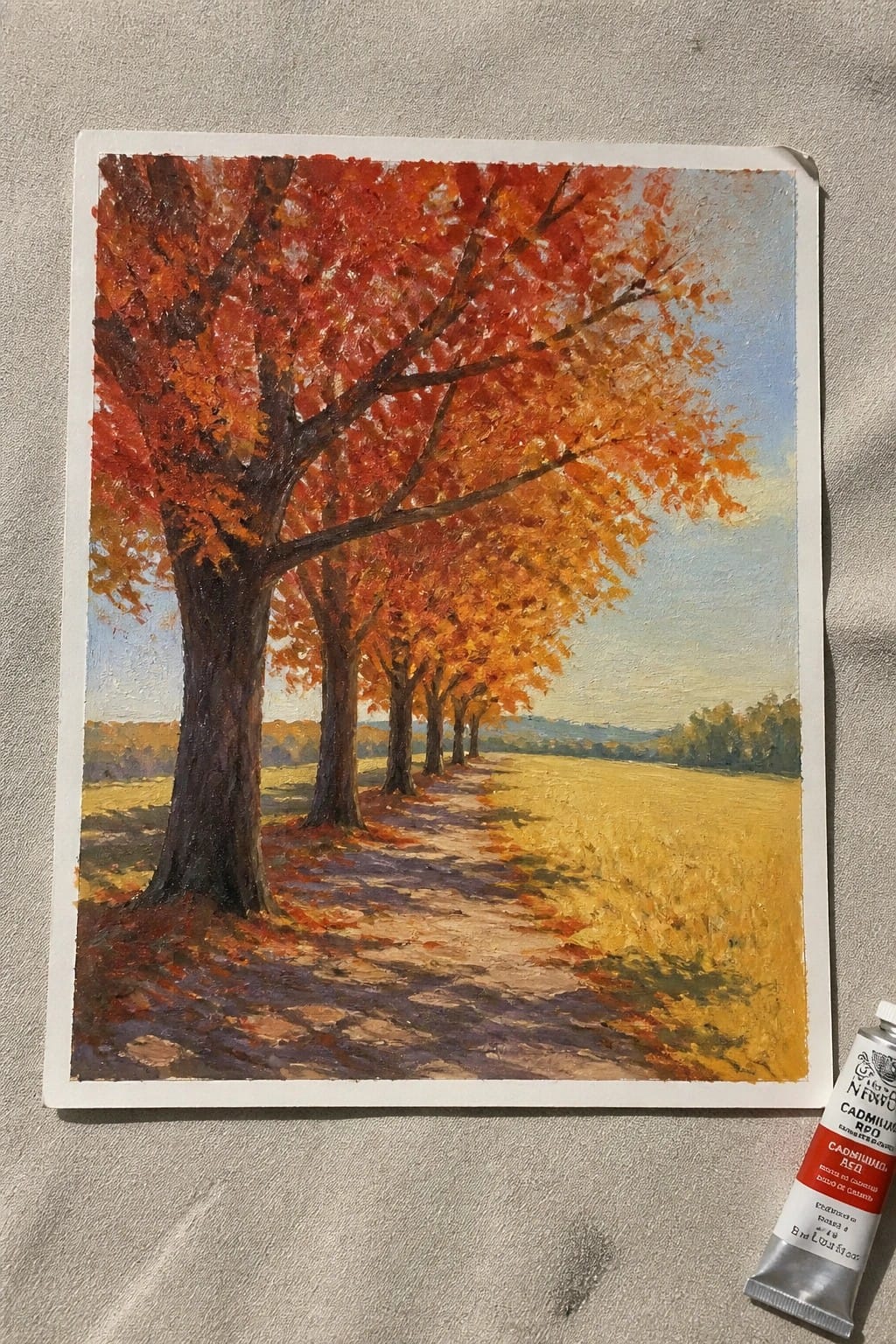 Autumn landscape painting of orange trees along path beside red paint tube.