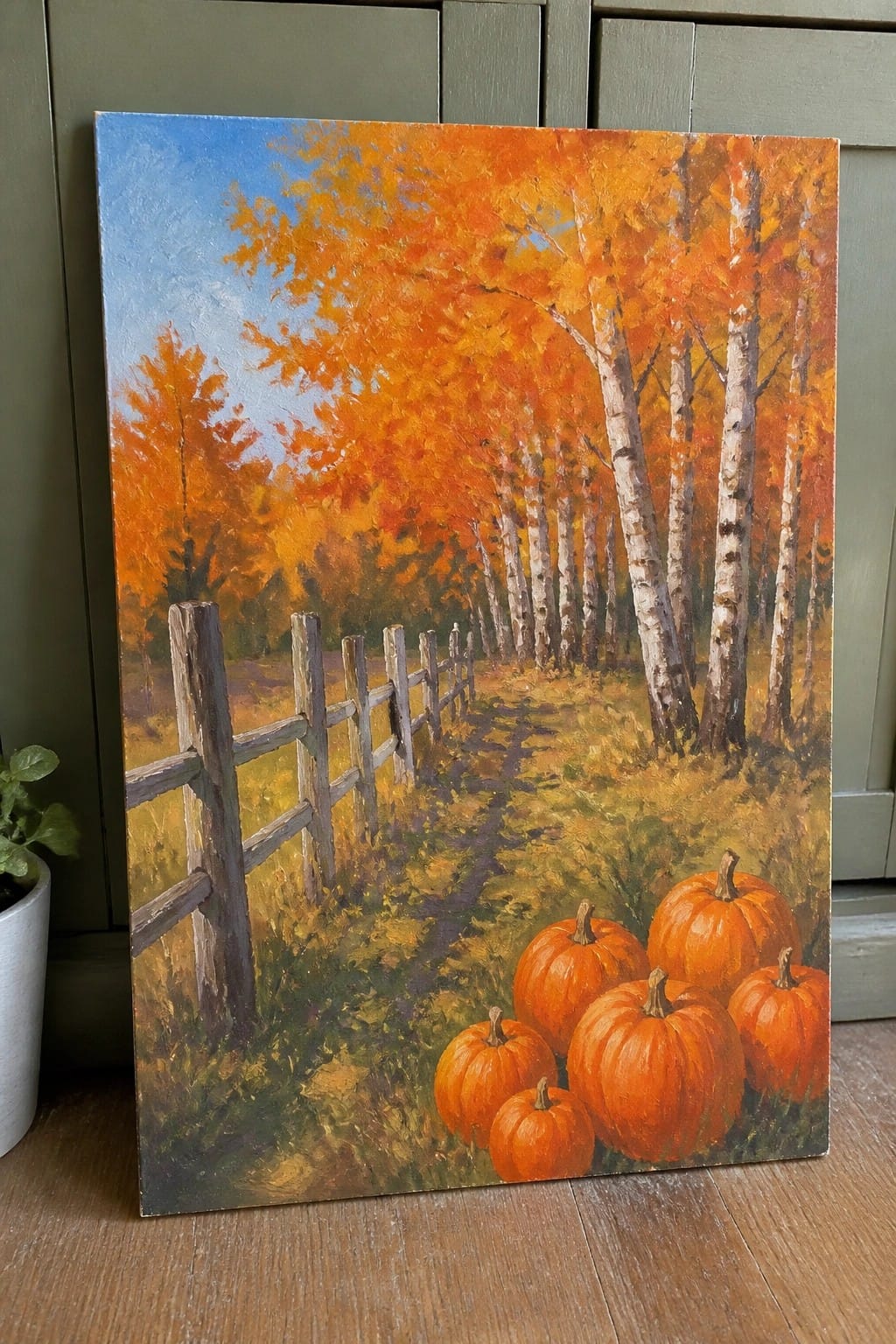 Autumn painting of birch trees with orange leaves, fence, path, and pumpkins