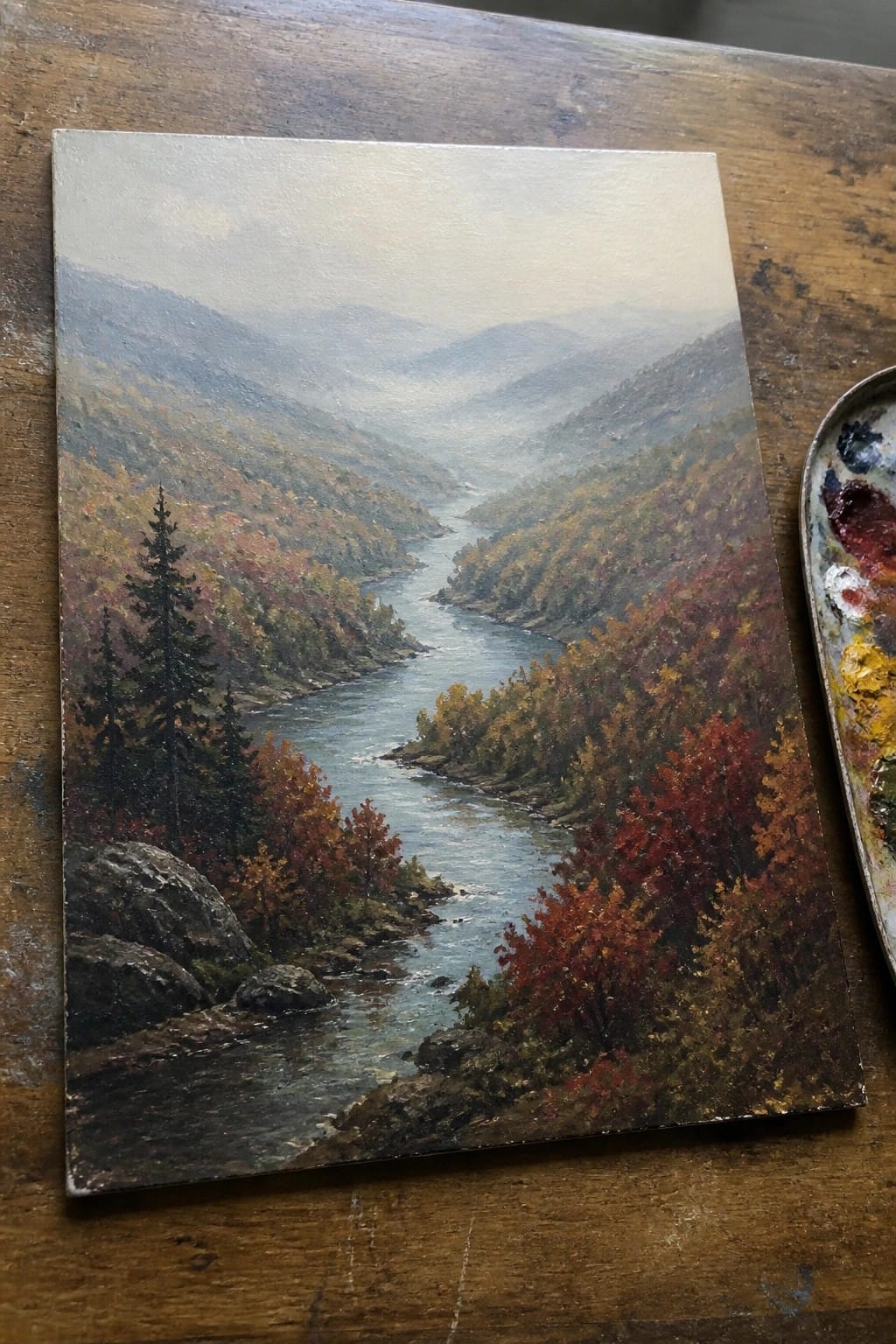 Autumn oil painting of winding river through misty colorful mountains beside paint palette