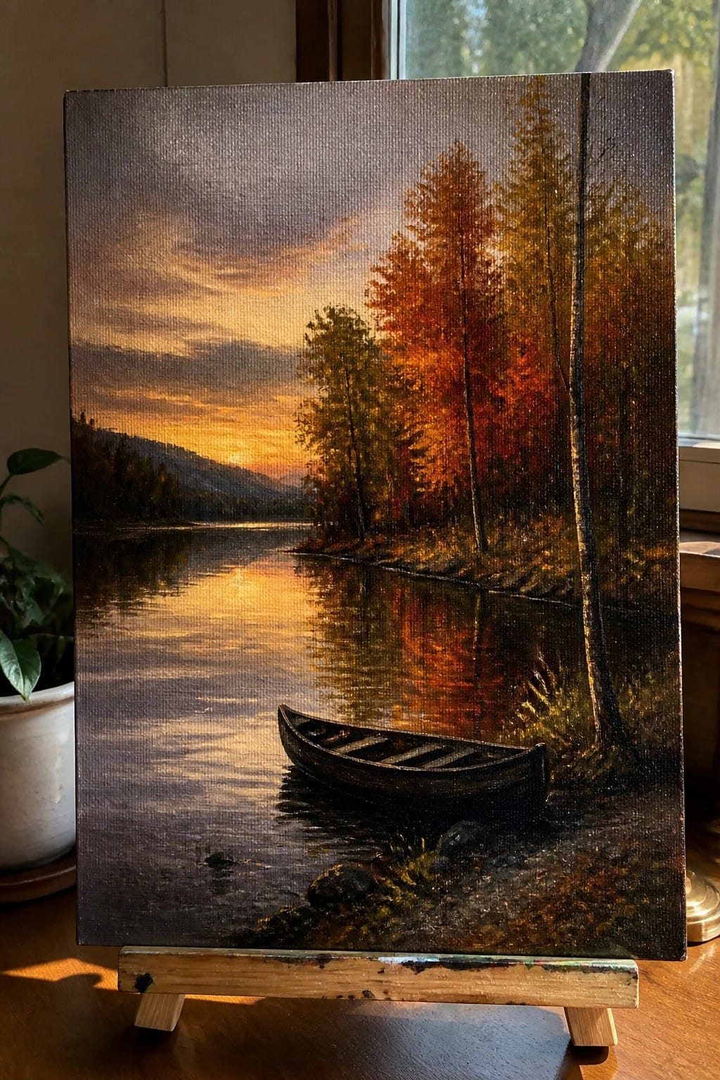Canvas painting of a canoe on an autumn lakeshore at vibrant sunset with tall trees.