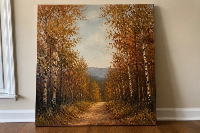 21 Autumn Landscape Oil Painting Ideas Featuring Rich Fall Colors Autumn oil painting of a leaf-strewn path through birch trees with distant hills.