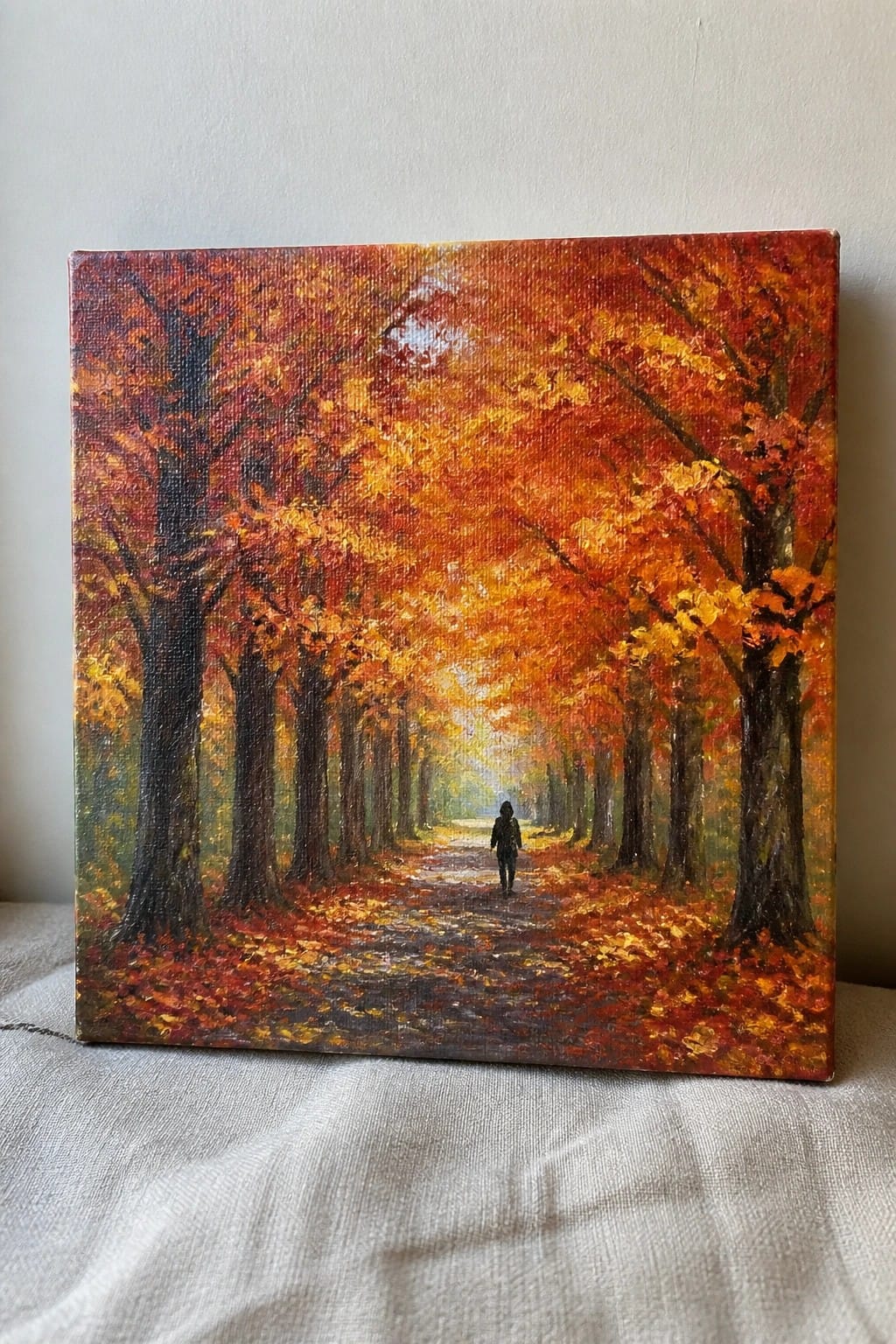 Autumn forest path painting with person in dark clothing walking among red and orange trees.