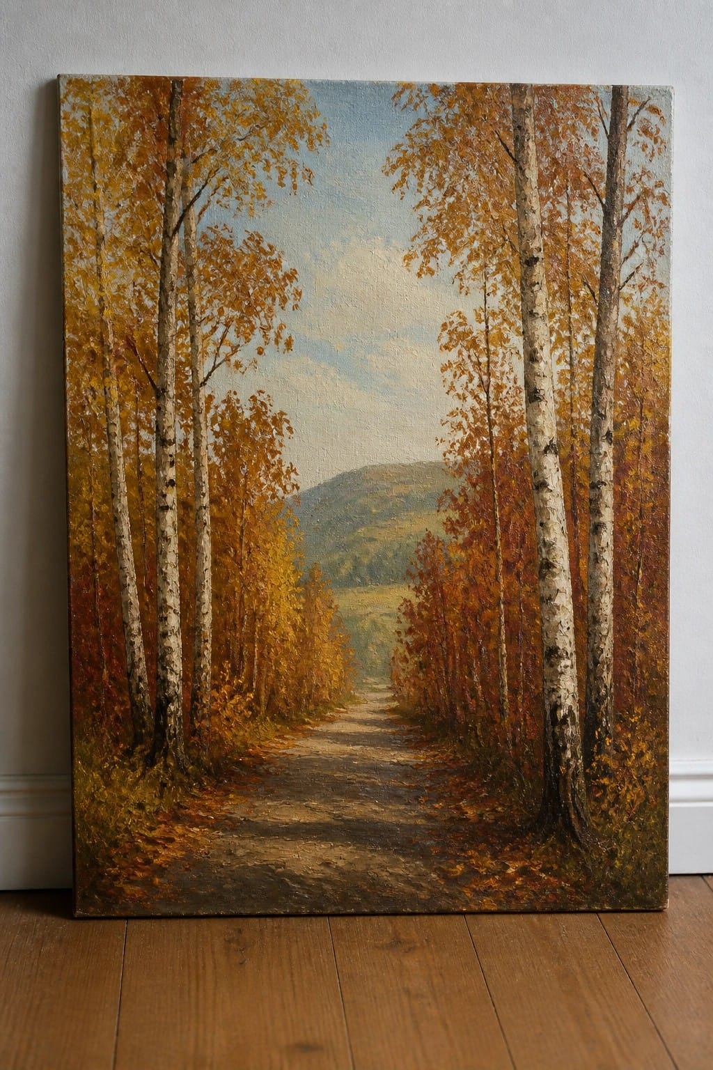 Autumn oil painting of a leaf-strewn path through birch trees with distant hills.