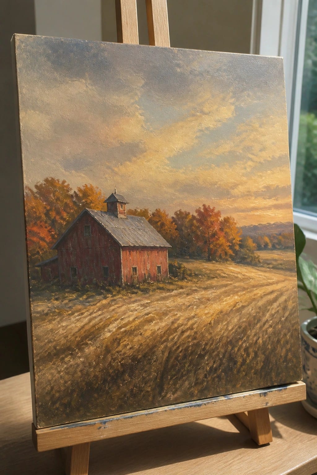 Realistic oil painting of red barn in golden autumn field under dramatic sunset sky on easel.
