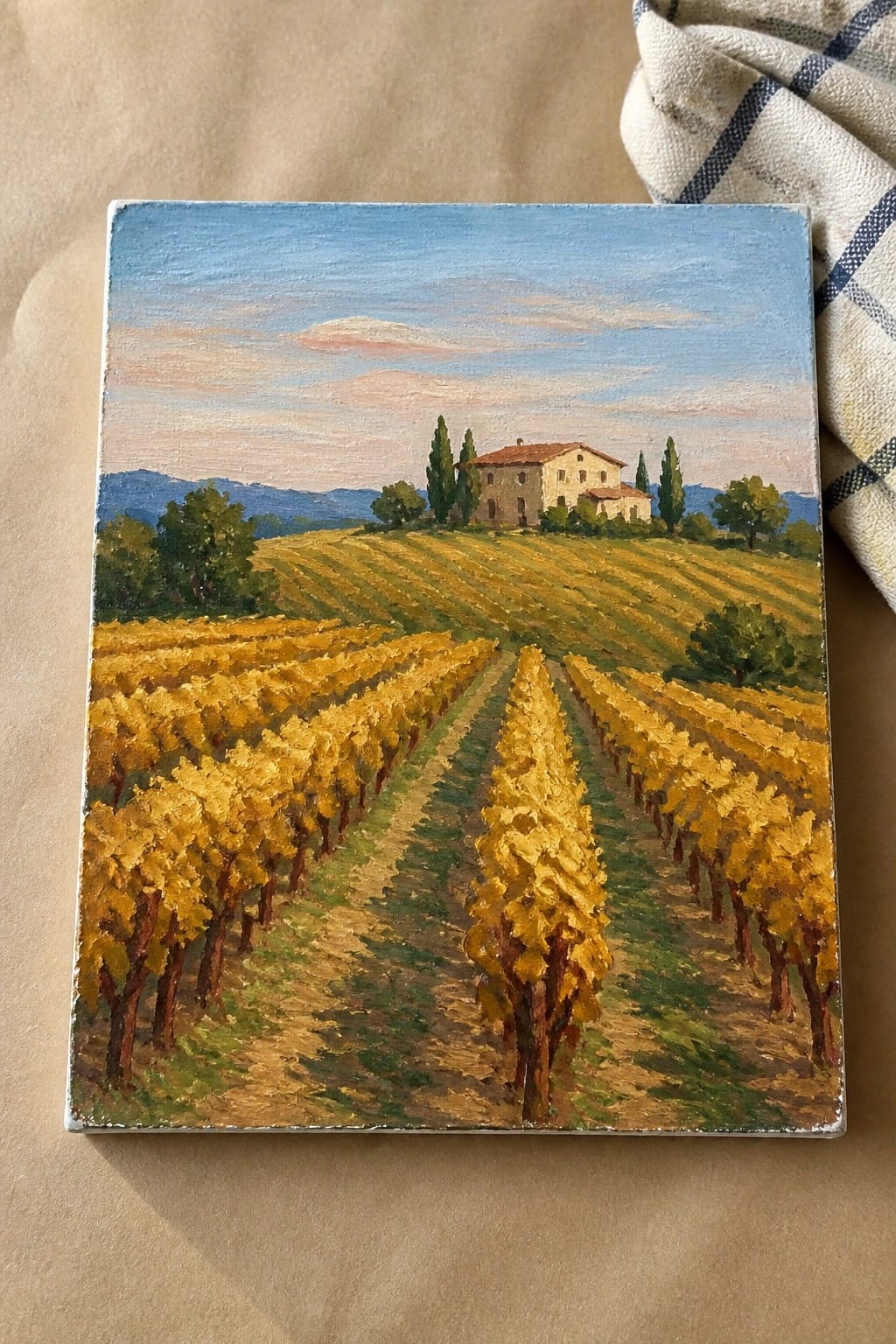 Oil painting of golden vineyard rows leading to villa with cypress trees under blue sky