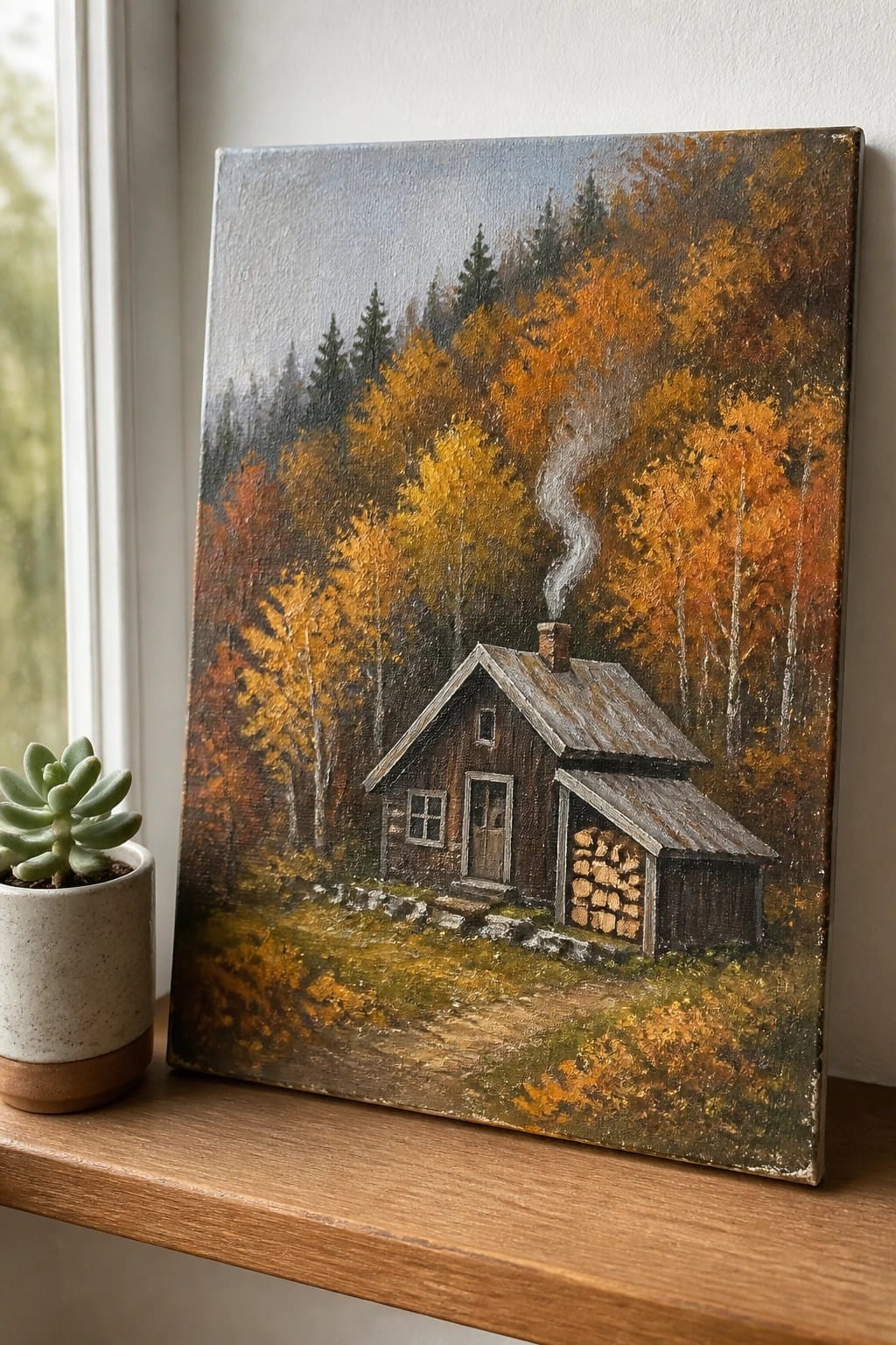 Canvas painting of cabin in autumn forest beside potted succulent on windowsill