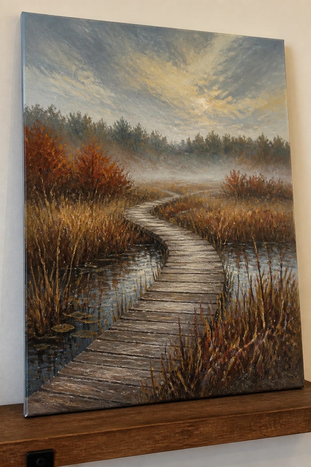 Winding wooden boardwalk curves through misty autumn marsh with orange reeds and fog.