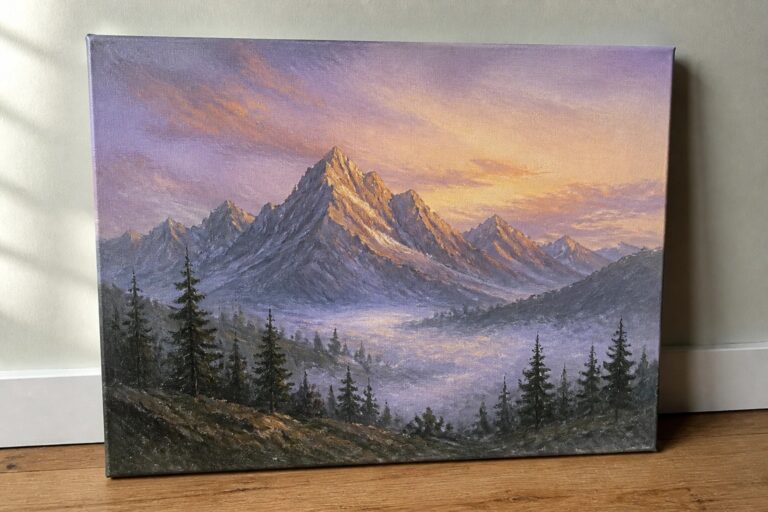 21 Beautiful Landscape Oil Painting Ideas Centered Around Mountains, Forests, and Open Skies Painting of golden-lit mountain peaks at sunset above misty valley with pine trees